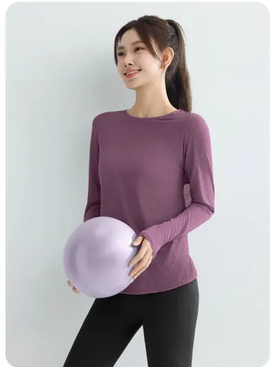 Round Neck Long Sleeve Stretch Thin Yoga Top, Running and Training Set - 5