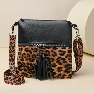 Women's Leopard Print Textured Crossbody Shoulder Bag, Color Block - 9