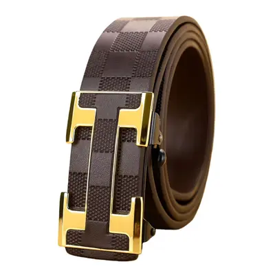 New Men's Leather Belt Business Waist Belt Checkered Pattern Toothless Automatic Buckle Casual Versatile Waist Belt