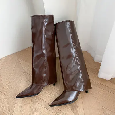 Women's Patent Leather Pointed-Toe High-Heel Knee-High Boots - 8