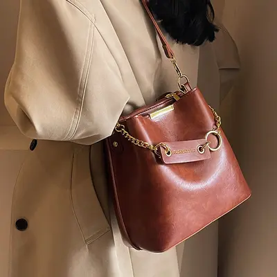 Women's Retro Bucket Bag, Autumn Winter Style, Single Shoulder Crossbody - 5