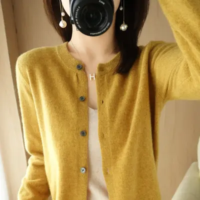 Women's OL Style Elegant Long-Sleeve Round Neck Straight-Cut Knit Cardigan Sweater - 11