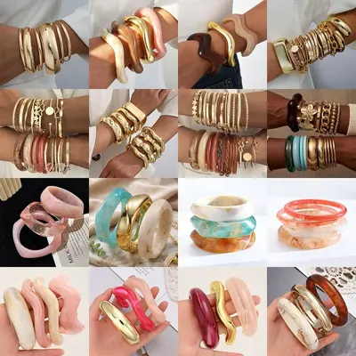 Colorful Geometric Resin Bracelet Set for Women - 2