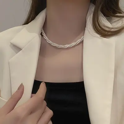 Çok katmanlı inci kolye, göğüs kemiği zinciri, zarif tasarım