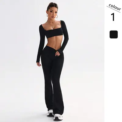 现货长袖瑜伽服套装女显瘦微喇裤运动健身两件套瑜伽服夏季薄款