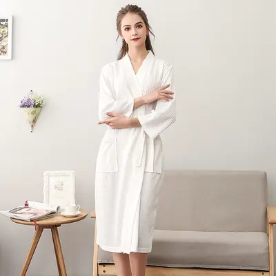 Frühlings- und Sommerbademantel für Frauen, dünner Waffel-Doppel-Nachthemd für Männer und Frauen, sommerlicher dreiviertellanger Ärmel koreanischer Stil Bademantel, absorbierend - 11