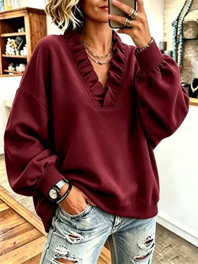 Kadın fırfırlı V yaka uzun kollu sweatshirt, sonbahar ve kış, bol kesim - 4