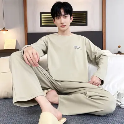 Men's Long-Sleeve Round-Neck Pajama Set for Spring and Autumn - 11