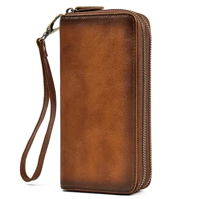 Men's Crazy Horse Leather Long Wallet with Zipper, Double-Layer Cowhide - 2