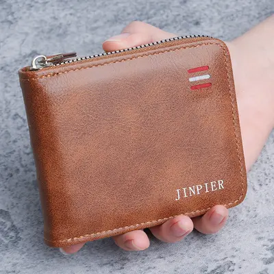Erkek yatay kısa cüzdan, fermuarlı üç katlı, retro çıtçıtlı - 9