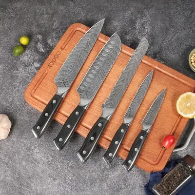 Küchenmesser-Set mit Damaszener-Muster, Santoku-Messer, schwarzer Holzgriff
