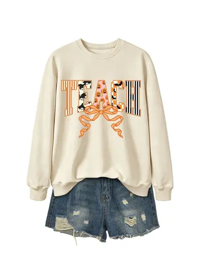 Damen-Sweatshirt mit Geister-Kürbis, vertikalen Streifen und Schleife - 12