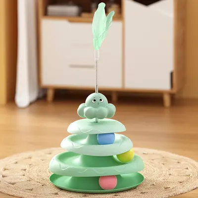 Turntable Ball Cat Toy, Self-Play Mouse and Feather Teaser Wand - 7