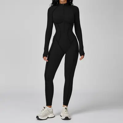Women's Stand Collar Half-Zip One-Piece Fitness Suit, Vertical Stripes, High-Intensity Tra - 7