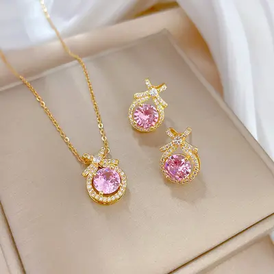 Full Zirconia Copper Earring and Necklace Set - 12