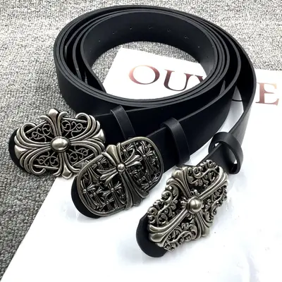 Amerikan Vintage Haçlı Metal Toka Kemer Erkek Kadın Kloe Yeni Tasarım Y2K Siyah Kabartmalı Deri Kemer