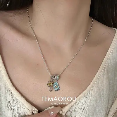 Tarot kartı kolye, mavi glitter, yıldız tasarımı, gırtlak zinciri - 2