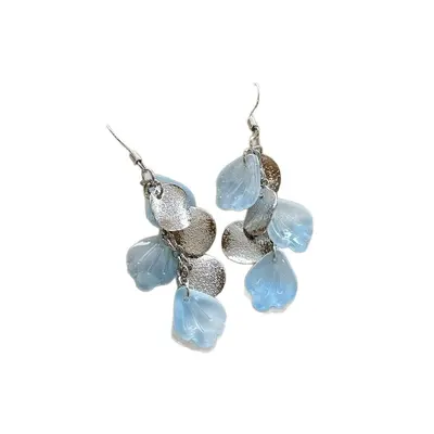 French-Style Blue Petal Tassel Earrings with Gradient Ear Hooks