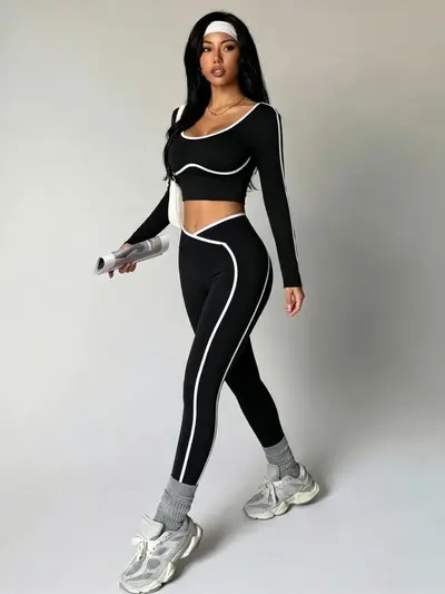 Women's Color-Block Yoga Set, U-Neck Open-Back Two-Piece