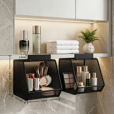 Wall-Mounted Hole-Free Vanity Organizer Rack with Wrought Iron Wire Basket - 9