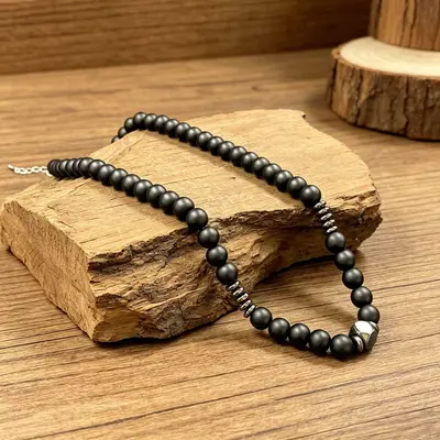 Men's Retro Round Bead Necklace with Lobster Clasp
