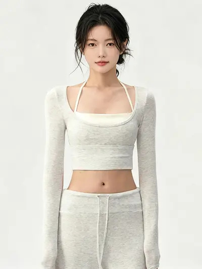 大码休闲瑜伽两件套女假两件上衣高腰阔腿裤外穿运动套装健身服秋