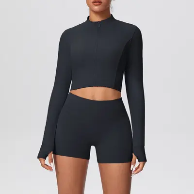 Solid Color Two-Piece Short Jacket Set, Tight-Fit Yoga and Running Wear - 8