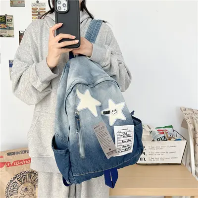 Gradient Denim Star Vintage School and Travel Backpack - 5