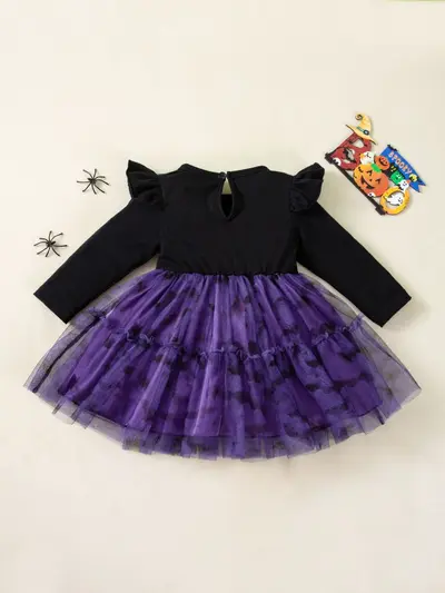 Halloween Girls Dress with Flying Sleeves, Black and Purple Knit Ghost Bat Print