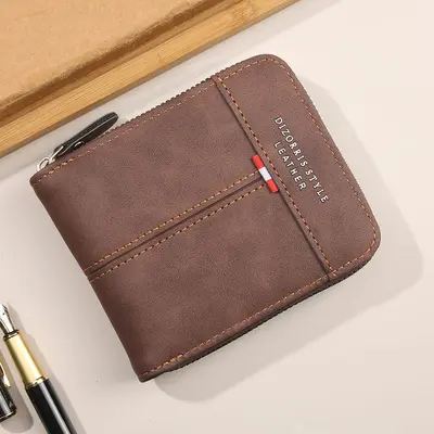 Men's Short Horizontal Tri-Fold Wallet with Zip Coin Pocket, Retro - 7
