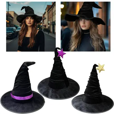 Halloween Hexenhut Schwarzer Samthut Hexen-Kopfschmuck Zauberer-Kopfschmuck Hexenmütze Zauberer-Hut Partyhut Kopfschmuck