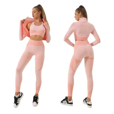 Women's Seamless Zipper Yoga Set, Three-Piece, Long Sleeve, Autumn Winter - 6