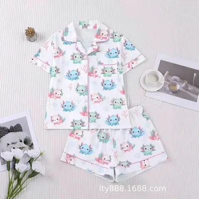 Women's Pajama Set with Pink Dinosaur Print and Button-Up Lapel - 5