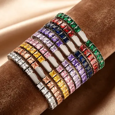 Stainless Steel Tennis Chain Bracelet, 3-5 mm Square Zircon Stones, Light Luxury Jewelry