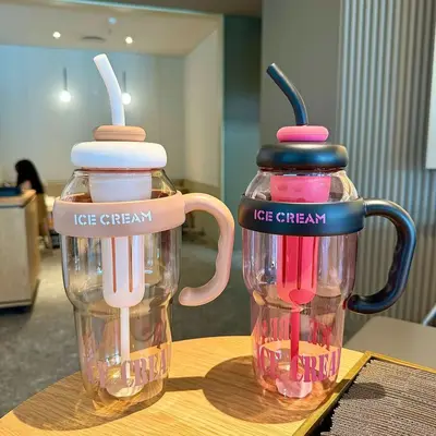 Stylish, high-capacity sports and fitness water bottle, summer plastic cup, frosted cup, lucky belly cup with straw.