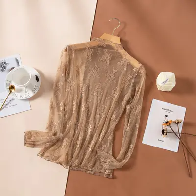 Damen-Spitzen-Unterhemd mit langen Ärmeln und Netzoberteil - 8