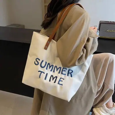 Women's Embroidered Letter Canvas Tote Bag, Large Capacity, Single Shoulder - 4