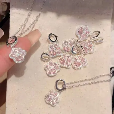 Kedi pençesi kolye, pembe taş kaplı gümüş, ayakkabı zinciri - 3
