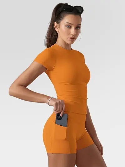 Solid Color Brushed Crew Neck Quick-Dry Yoga Set - 4