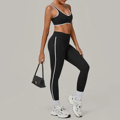 Contrast Binding Backless Yoga Set, Quick-Dry, 3914+4601 - 9