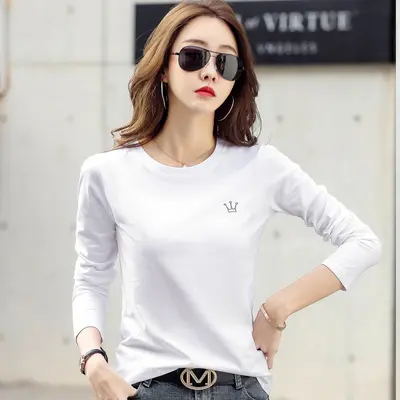 Kadın Pamuklu Uzun Kollu Nakışlı T-Shirt Sonbahar Kış Düz Renk