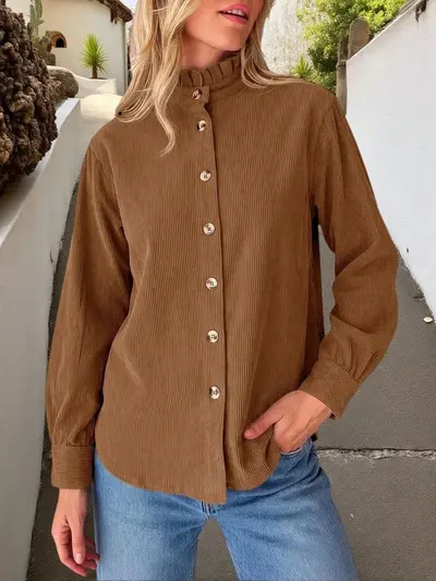 Damen-Cordhemd-Jacke in Uni mit Volantkragen - 13