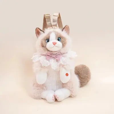 Plush Cat Doll Backpack for Kids and Girls, Realistic Stuffed Animal Decoration - 8