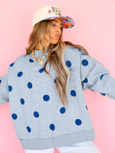 Cross-border Europe & America Women's Clothing 2026 Autumn/Winter Loose Casual Polka Dot Print Faux Turtleneck Fleece-Lined Warm Sweatshirt for Women