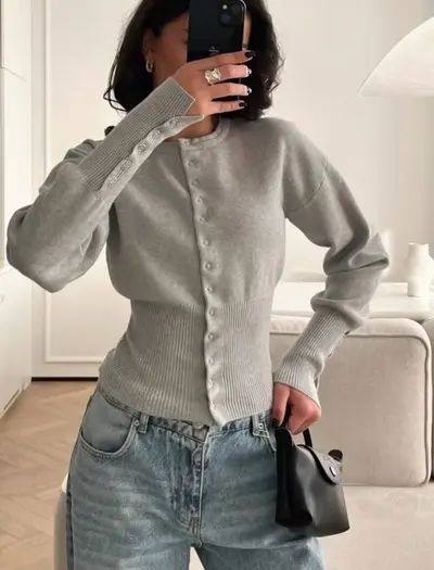 Damen-Rundhals-Strickcardigan, französischer Klassikstil, Freizeitpullover - 10