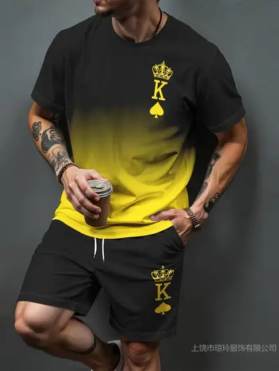 Erkek 3D Baskılı T-Shirt ve Şort İkili Takım, Gradyan Harf Desenli, Yaz - 10