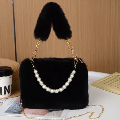 Rabbit Fur Plush Pearl Handbag with Chain Strap