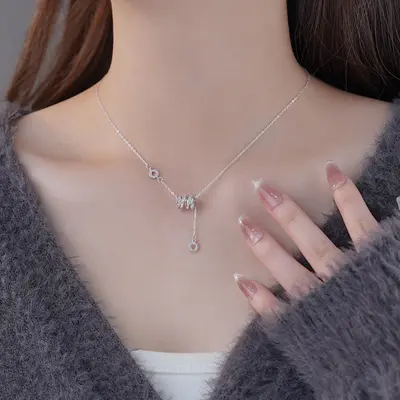 S999 sterling silver necklace, zircon inlaid, modern design - 5