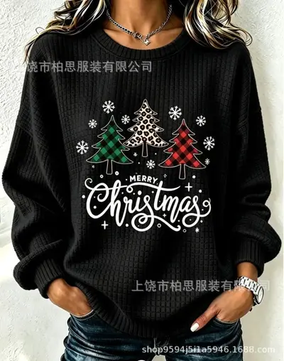 Kadın retro Noel baskılı sweatshirt, yuvarlak yaka, sonbahar ve kış - 9