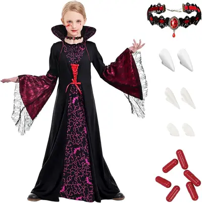 Children's Halloween Witch Costume, Long-Sleeve, Medieval Retro Printed Dress